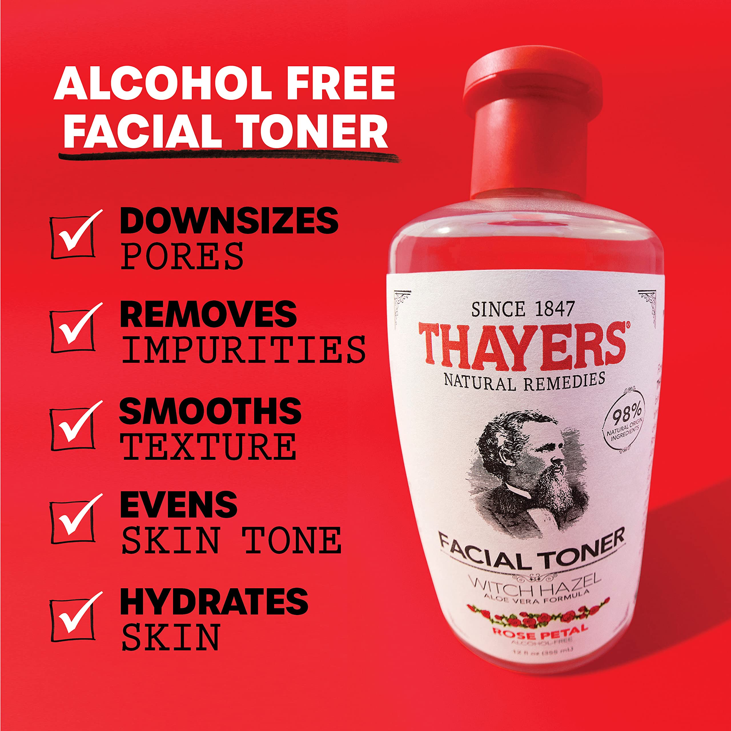 THAYERS tonique rose pétales, flacon translucide, hydrate durablement la peau.