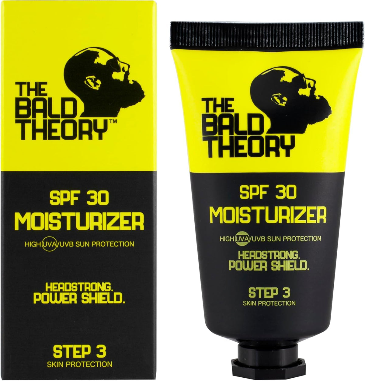 The Bald Theory SPF30 – bouteille prête à appliquer pour une protection légère.