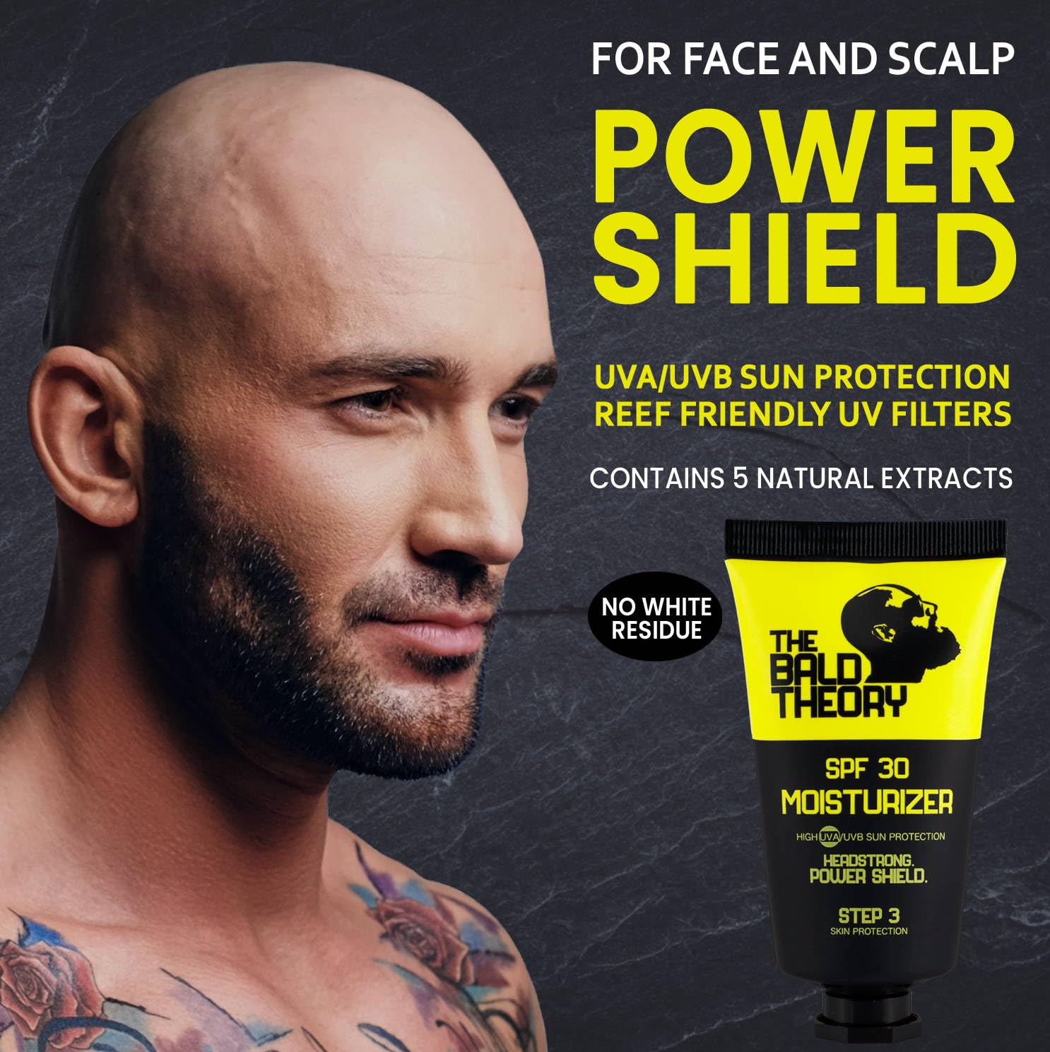 The Bald Theory SPF30 – texture légère et absorption rapide pour scalp confortable.