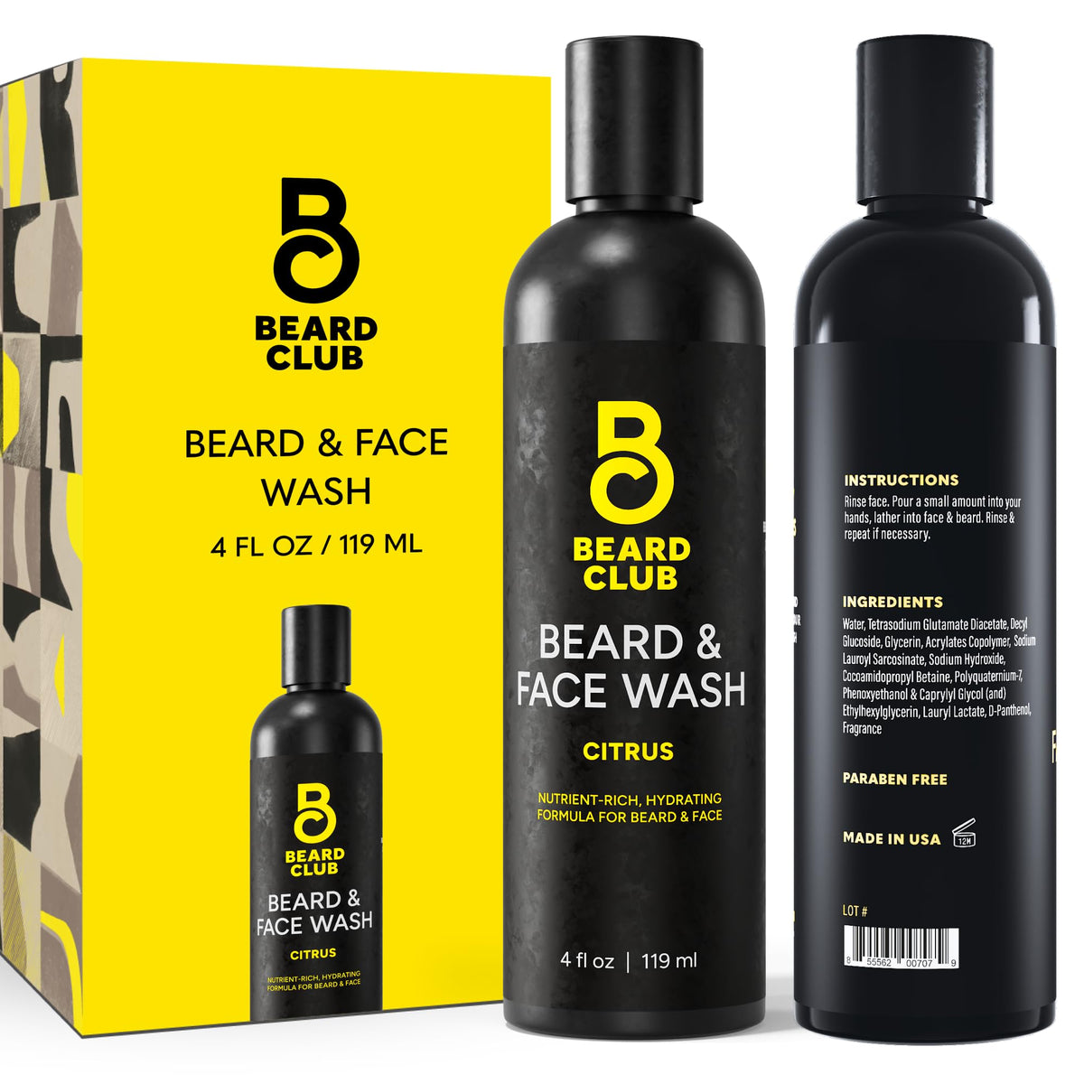 The Beard Club Citrus Beard & Face Wash, bouteille fraîche pour barbe et visage, nettoyage efficace.