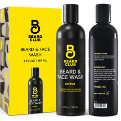 The Beard Club Citrus Beard & Face Wash, bouteille fraîche pour barbe et visage, nettoyage efficace.