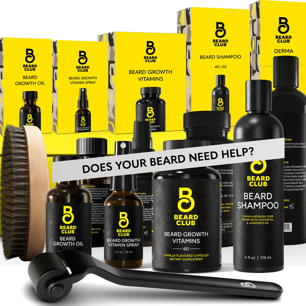 Le kit avancé The Beard Club avec derma-roller pour stimuler la pousse de la barbe.