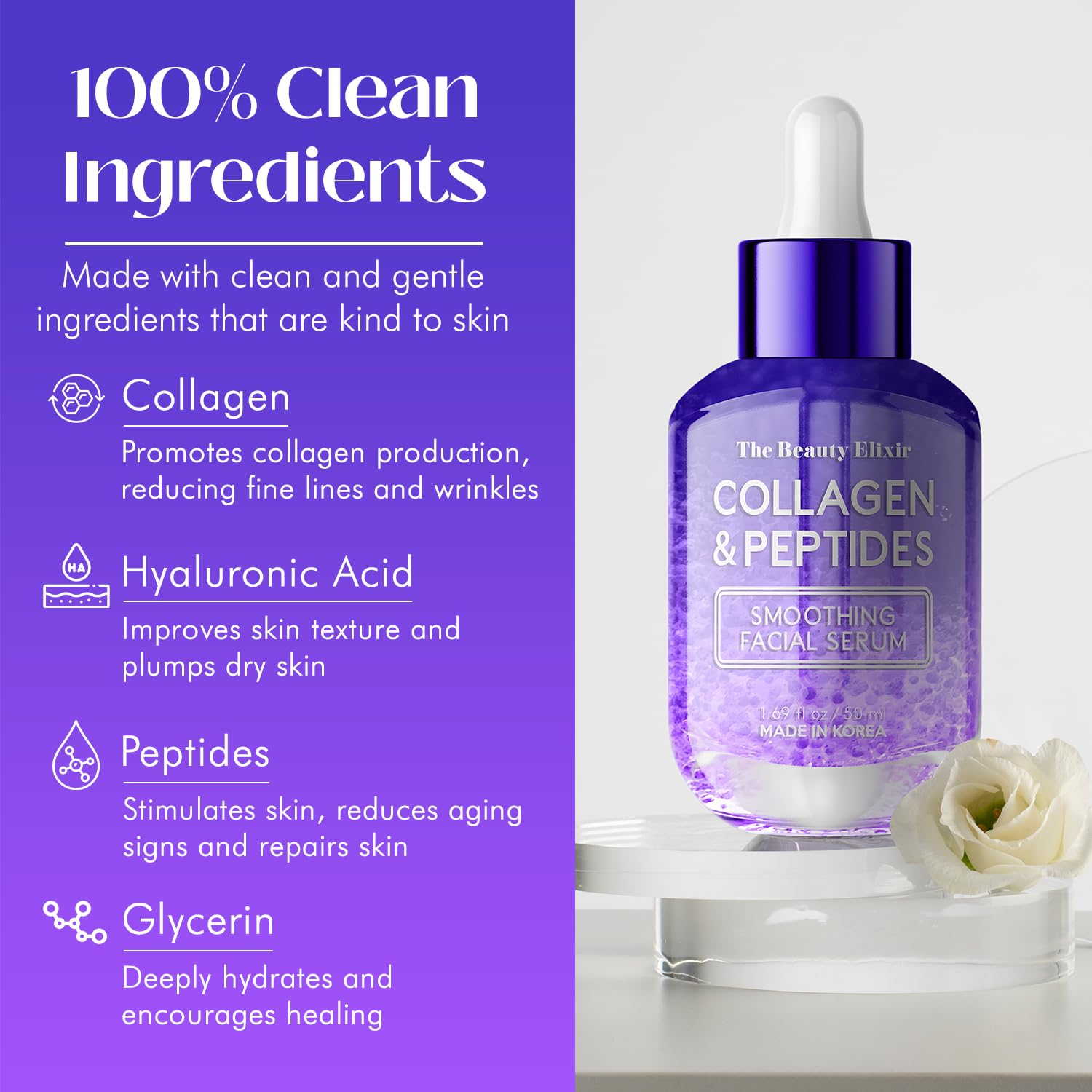 Flacon 50 ml The Beauty Elixir sur une étagère de salle de bains.