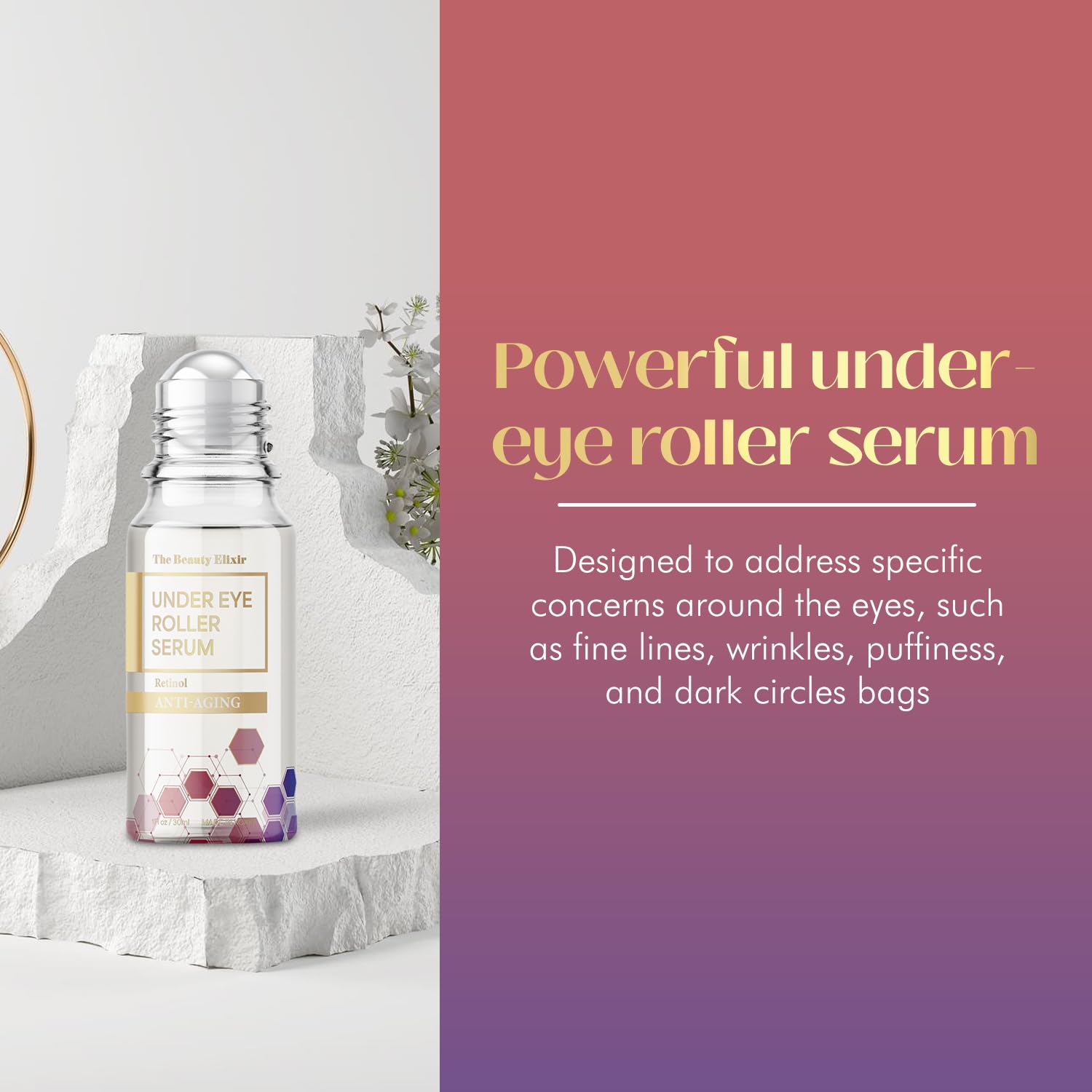 The Beauty Elixir rouleau-yeux en action, apporte fraîcheur et réconfort.