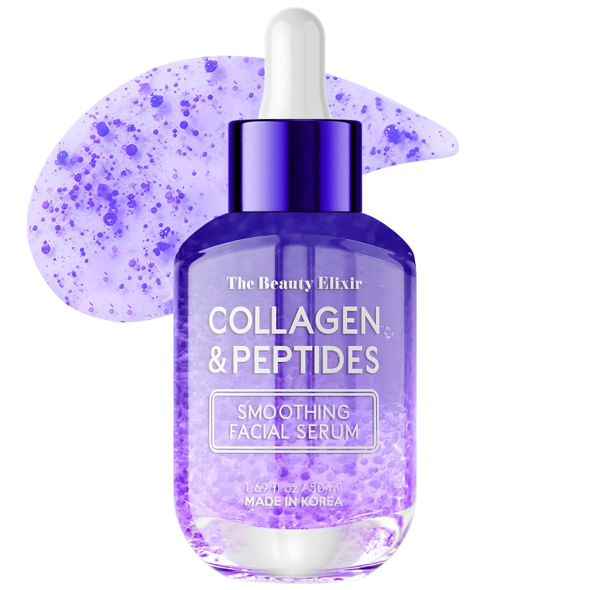 Flacon élégant The Beauty Elixir, sérum collagène et peptides pour peau hydratée et ferme.
