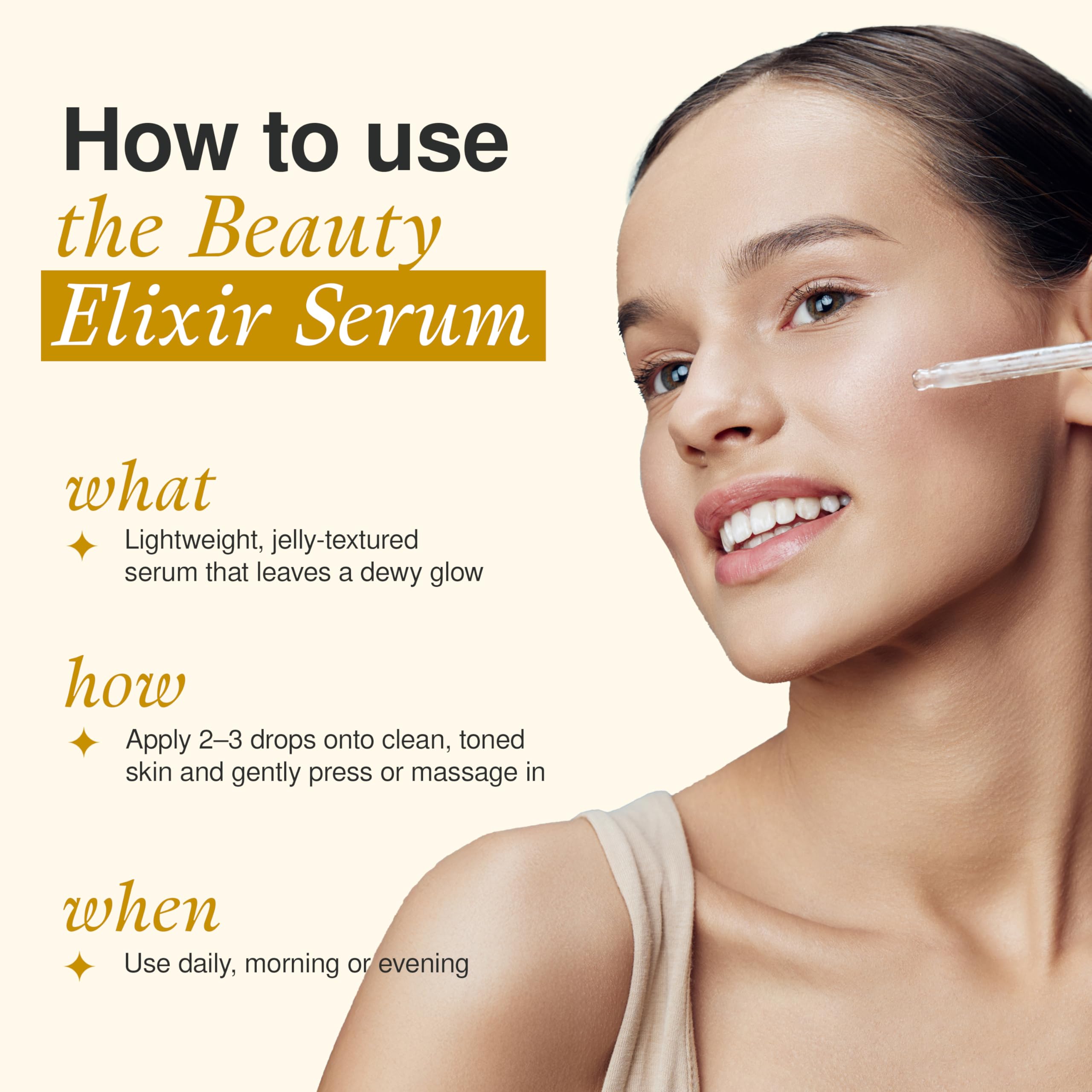 Application sur le visage du sérum The Beauty Elixir pour nourrir la peau