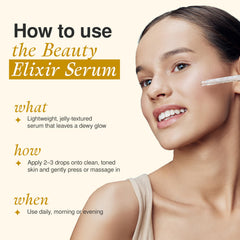 Application sur le visage du sérum The Beauty Elixir pour nourrir la peau