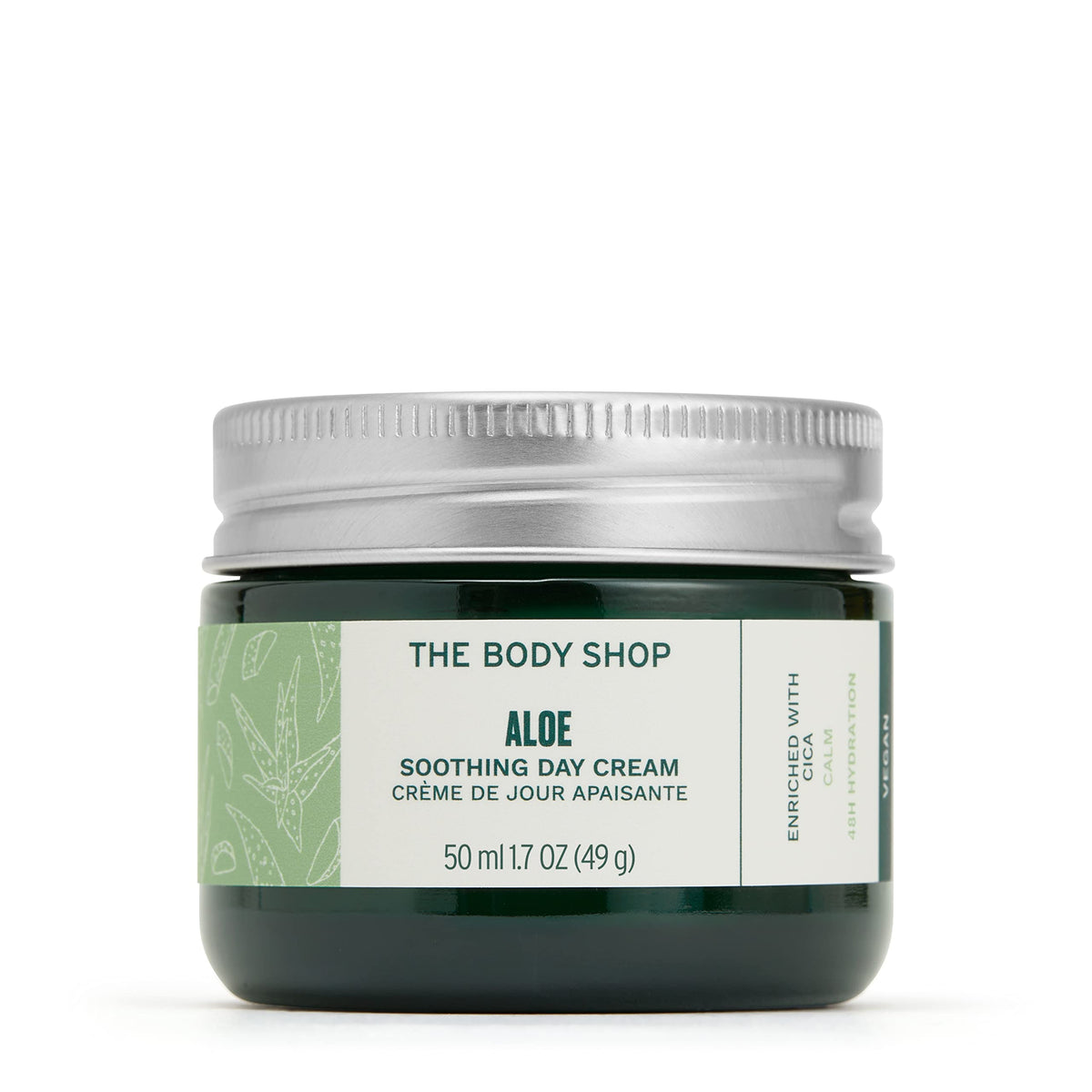 The Body Shop Aloe Vera Day Cream bocal en verre recyclable, hydratation durable.