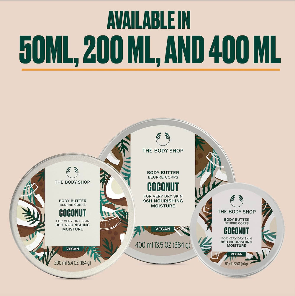 The Body Shop Coconut Body Butter – utilisation quotidienne pour une hydratation durable de 96h.
