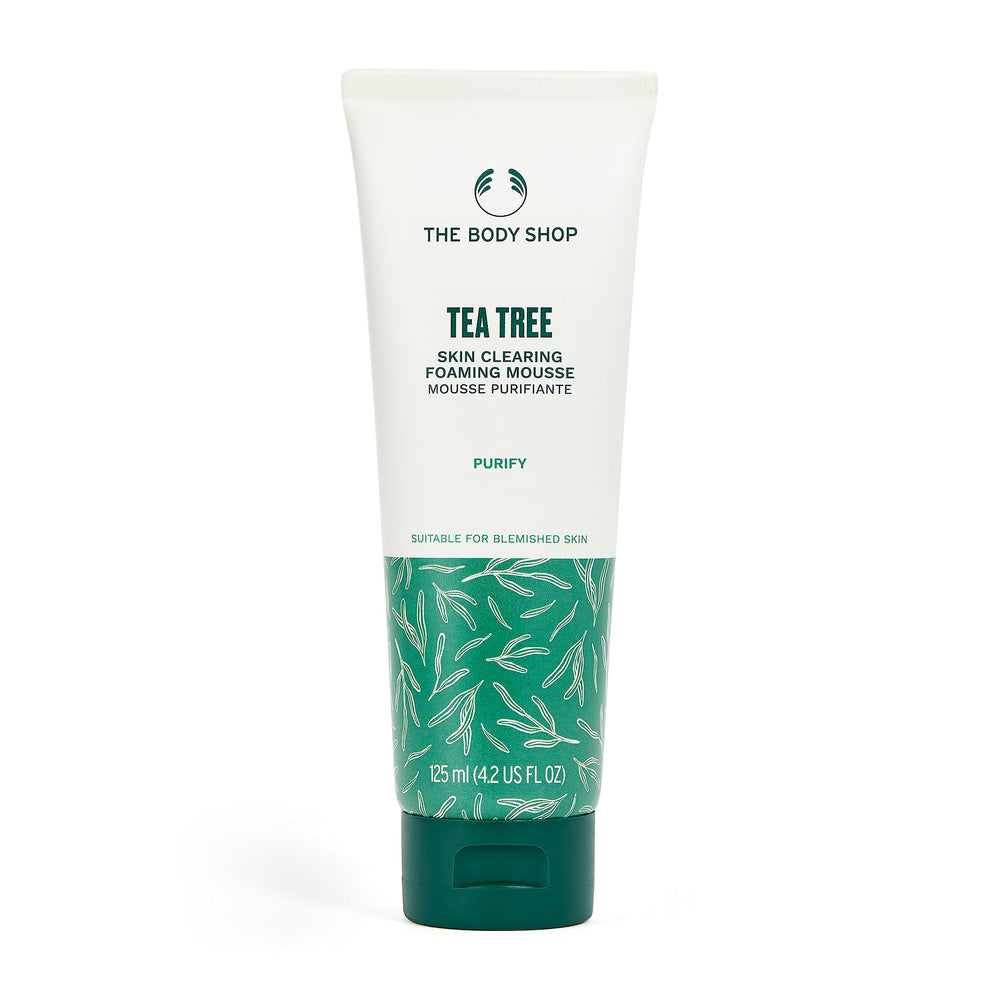 The Body Shop arbre-à-thé, bouteille nettoyant moussant purifiant pour peau grasse.