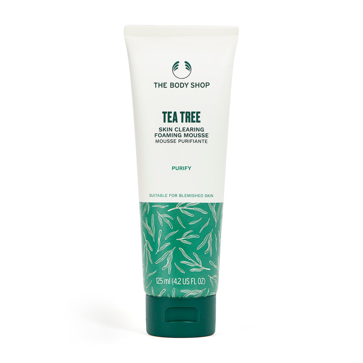 The Body Shop arbre-à-thé, bouteille nettoyant moussant purifiant pour peau grasse.