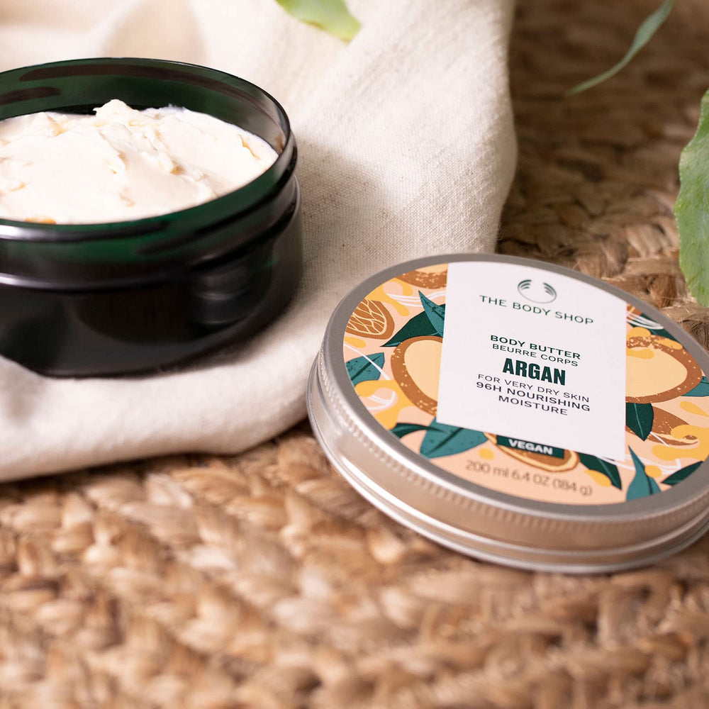 The Body Shop Argan Body Butter packaging recyclable avec capot aluminium et flacon plastique recyclé.
