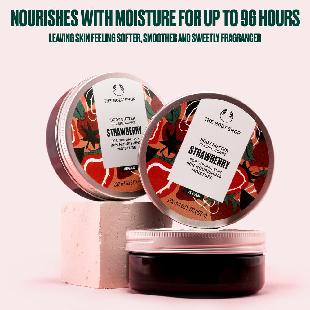 The Body Shop Beurre corporel fraise, texture crèmeuse idéale pour nourrir les peaux normales.