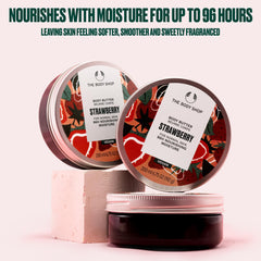 The Body Shop Beurre corporel fraise, texture crèmeuse idéale pour nourrir les peaux normales.