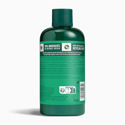 Flacon The Body Shop en plastique recyclé, geste durable pour l’arbre à thé.