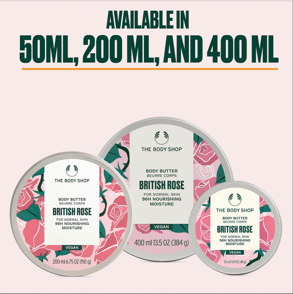 The Body Shop British Rose Body Butter – packaging écoresponsable et ingrédients durables.