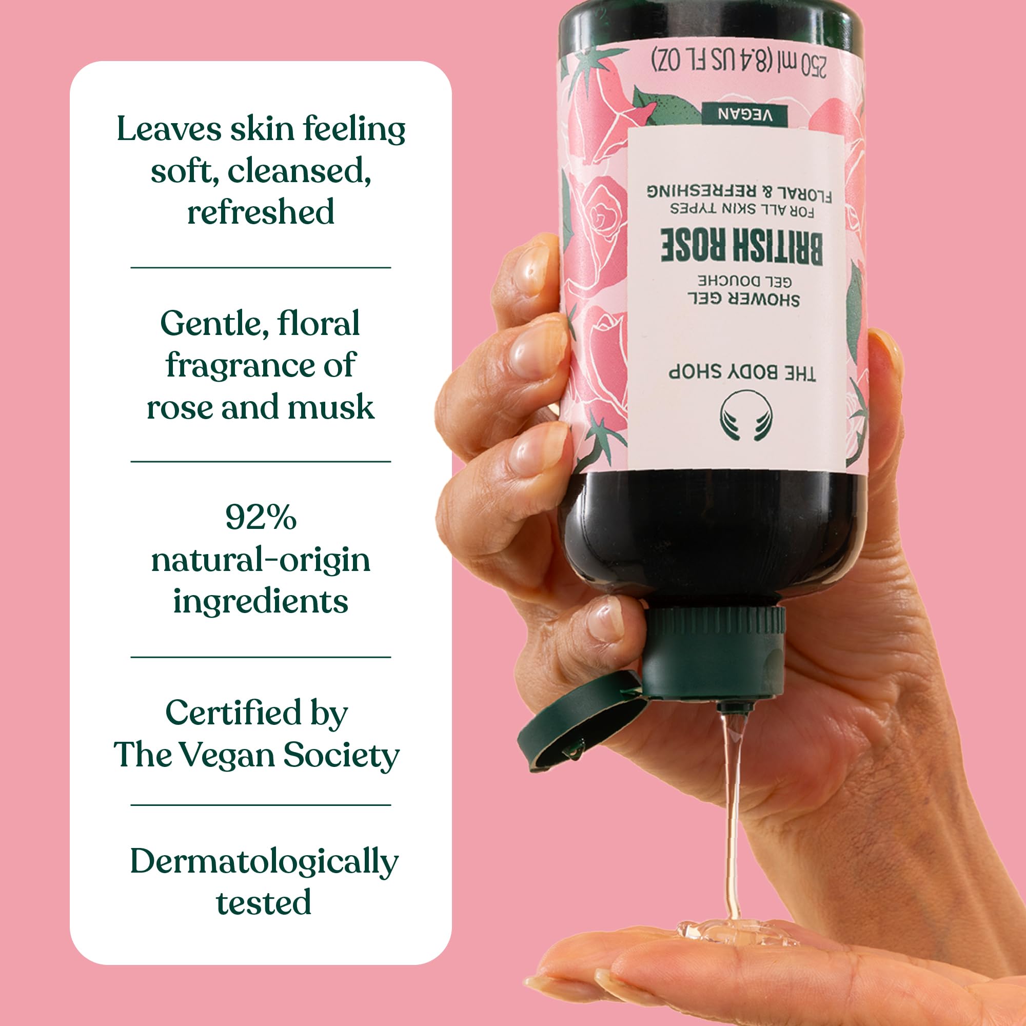 The Body Shop British Rose Shower Gel, étiquette du produit prête pour la présentation