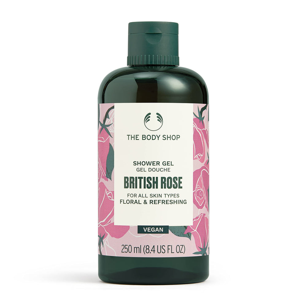 The Body Shop British Rose Shower Gel, bouteille rose prête pour une douche parfumée et douce