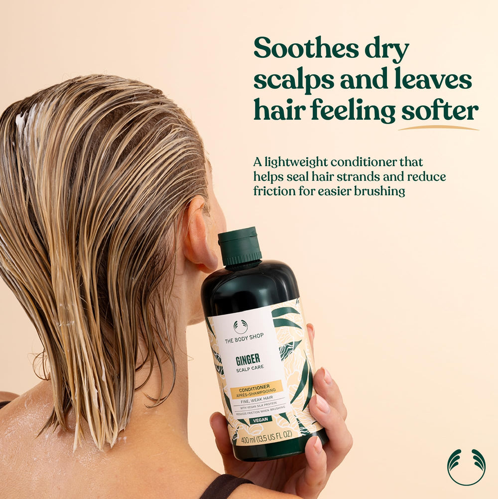 The Body Shop Ginger Scalp Care Conditioner – Etiquette lisible, identification rapide du produit.