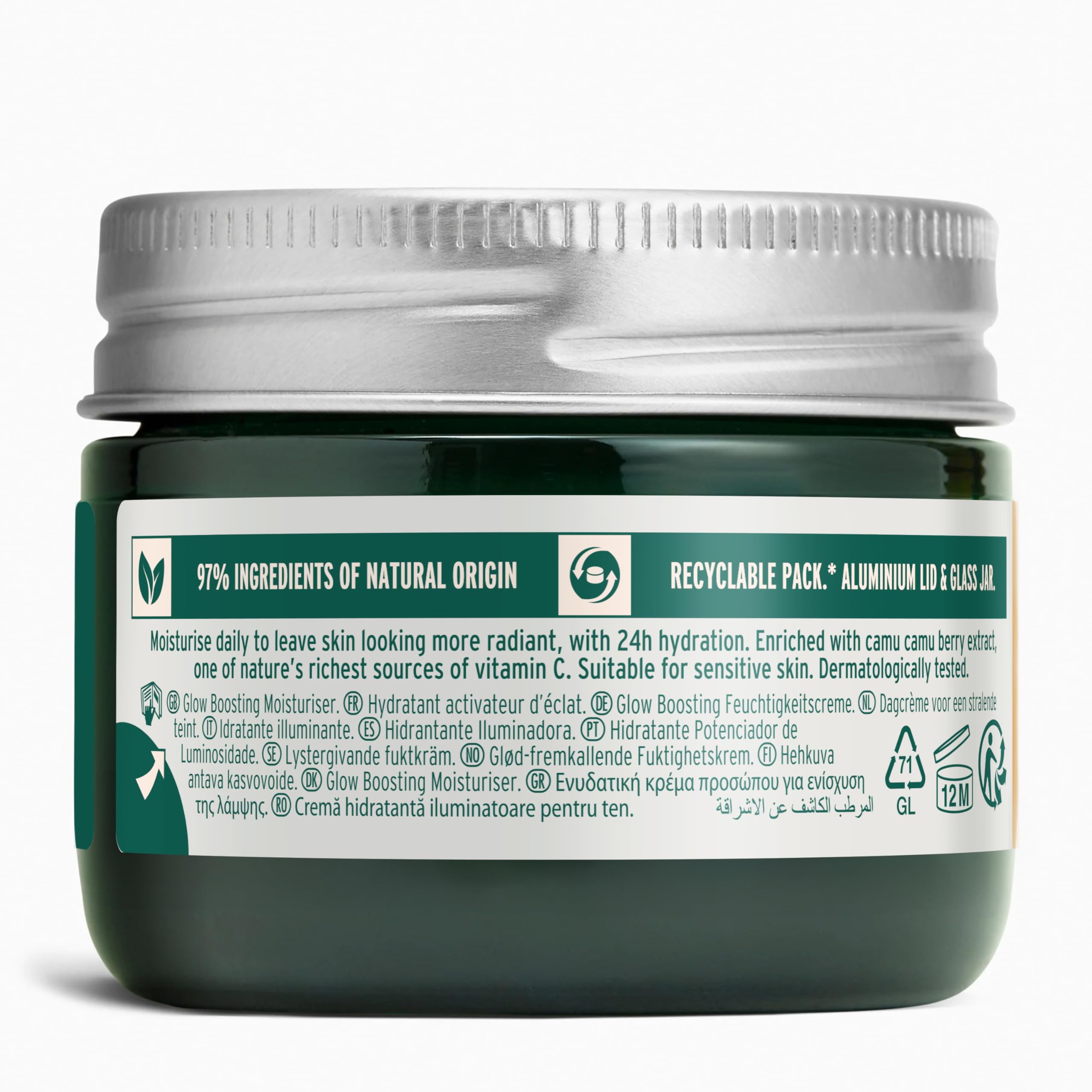The Body Shop Glow Boost Moisturizer texture-creme-soyeuse pour une peau douce.