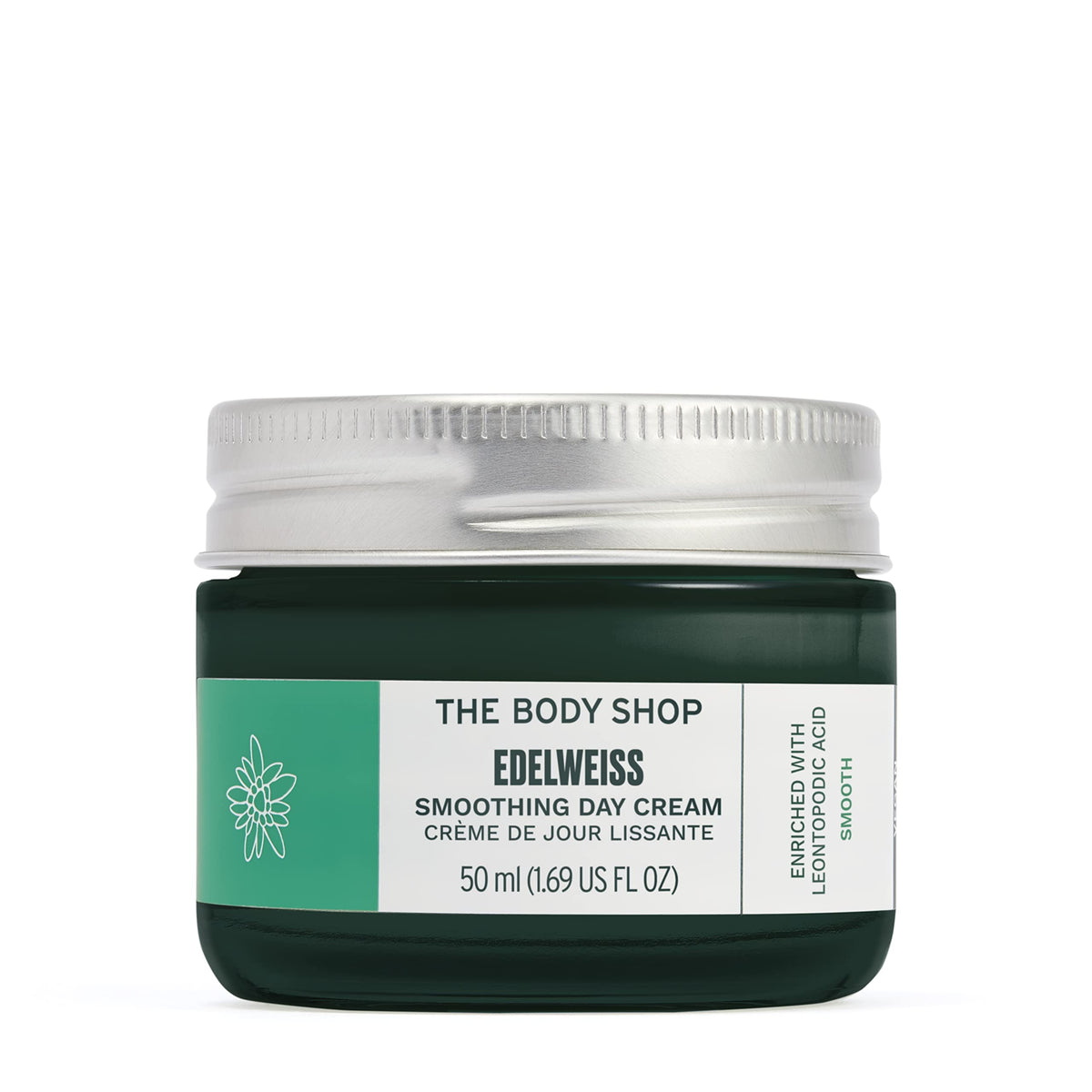 The Body Shop Edelweiss Smoothing Day Cream sur bouteille, hydrate durablement.