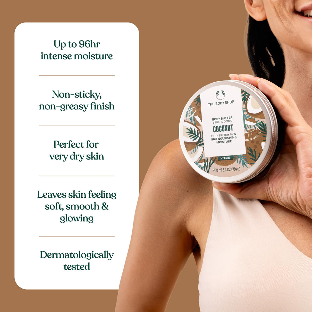 The Body Shop Coconut Body Butter – emballage recyclable avec capot en aluminium et tube recyclé.