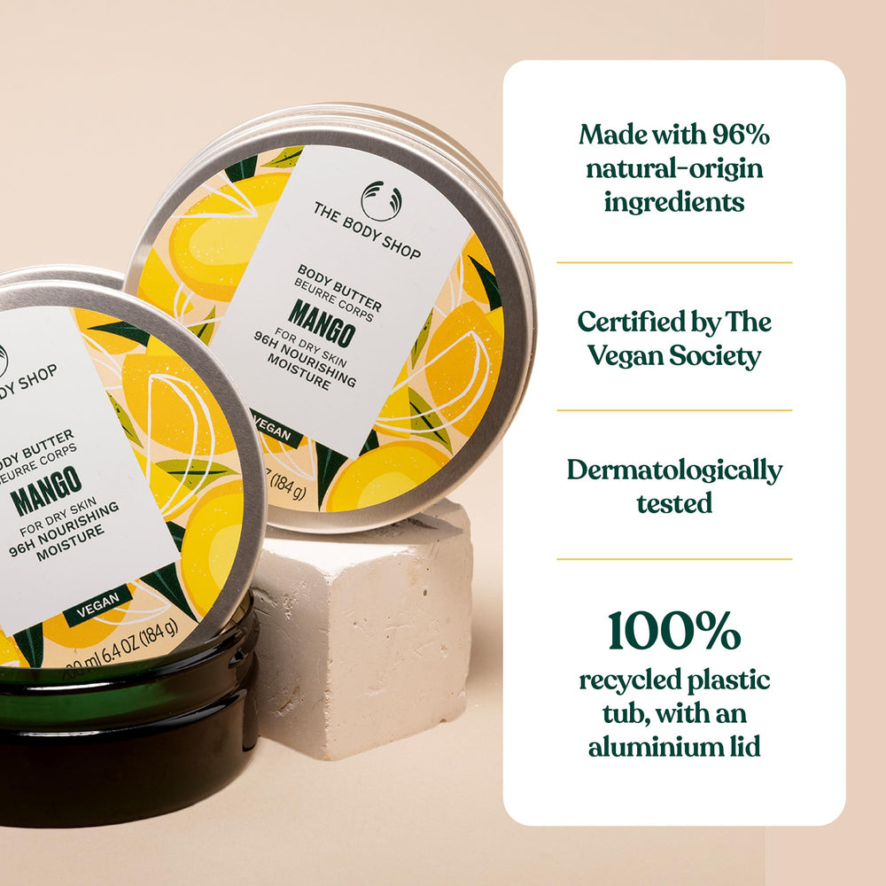 The Body Shop Mango Body Butter appliquée sur le corps, texture gourmande et hydratante.