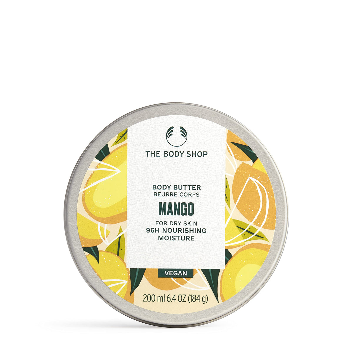 The Body Shop Mango Body Butter dans un pot, texture crèmeuse pour nourrir la peau sèche.