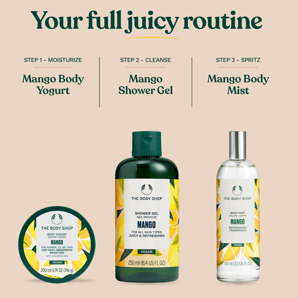 The Body Shop Mango Body Yogurt rituel quotidien pour une peau lumineuse.