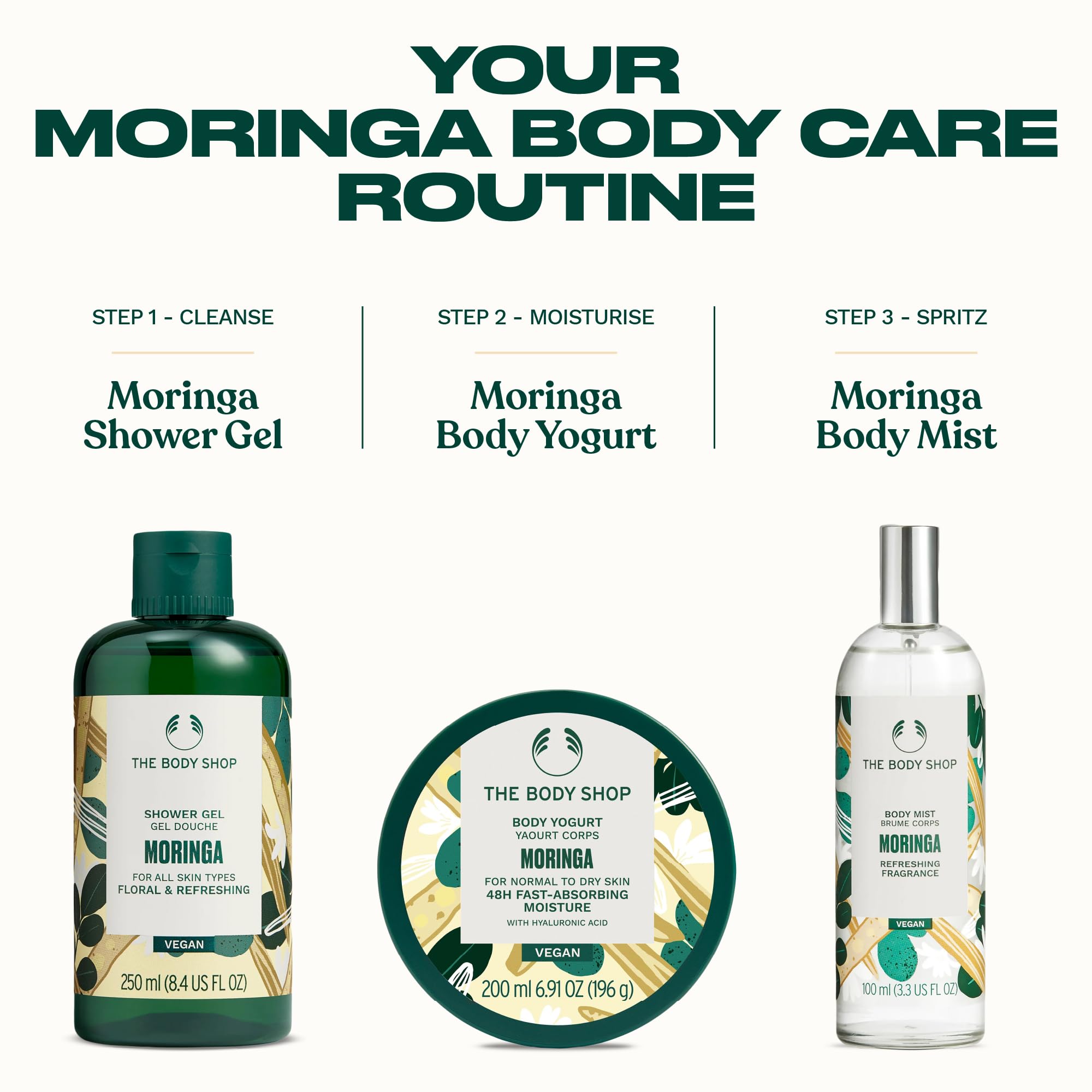 Option végan The Body Shop Moringa Body Yogurt pour hydratation douce.