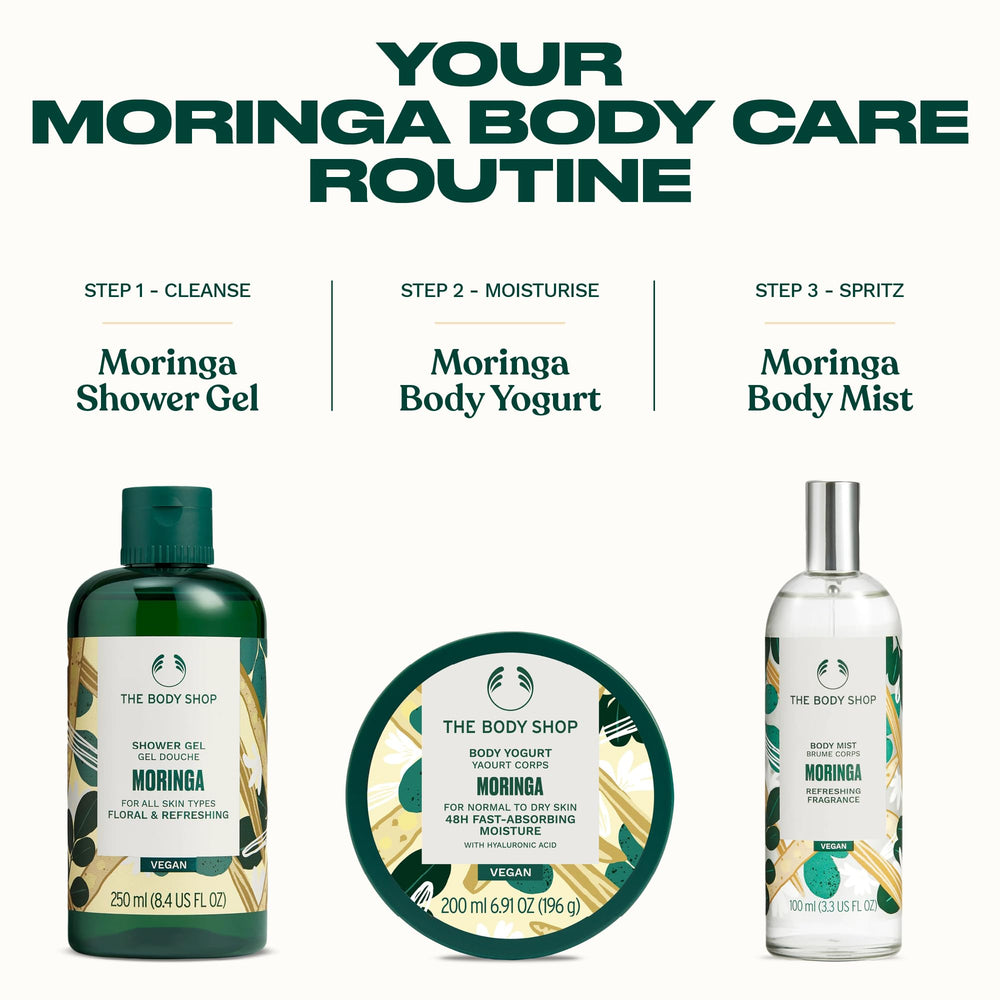 Option végan The Body Shop Moringa Body Yogurt pour hydratation douce.