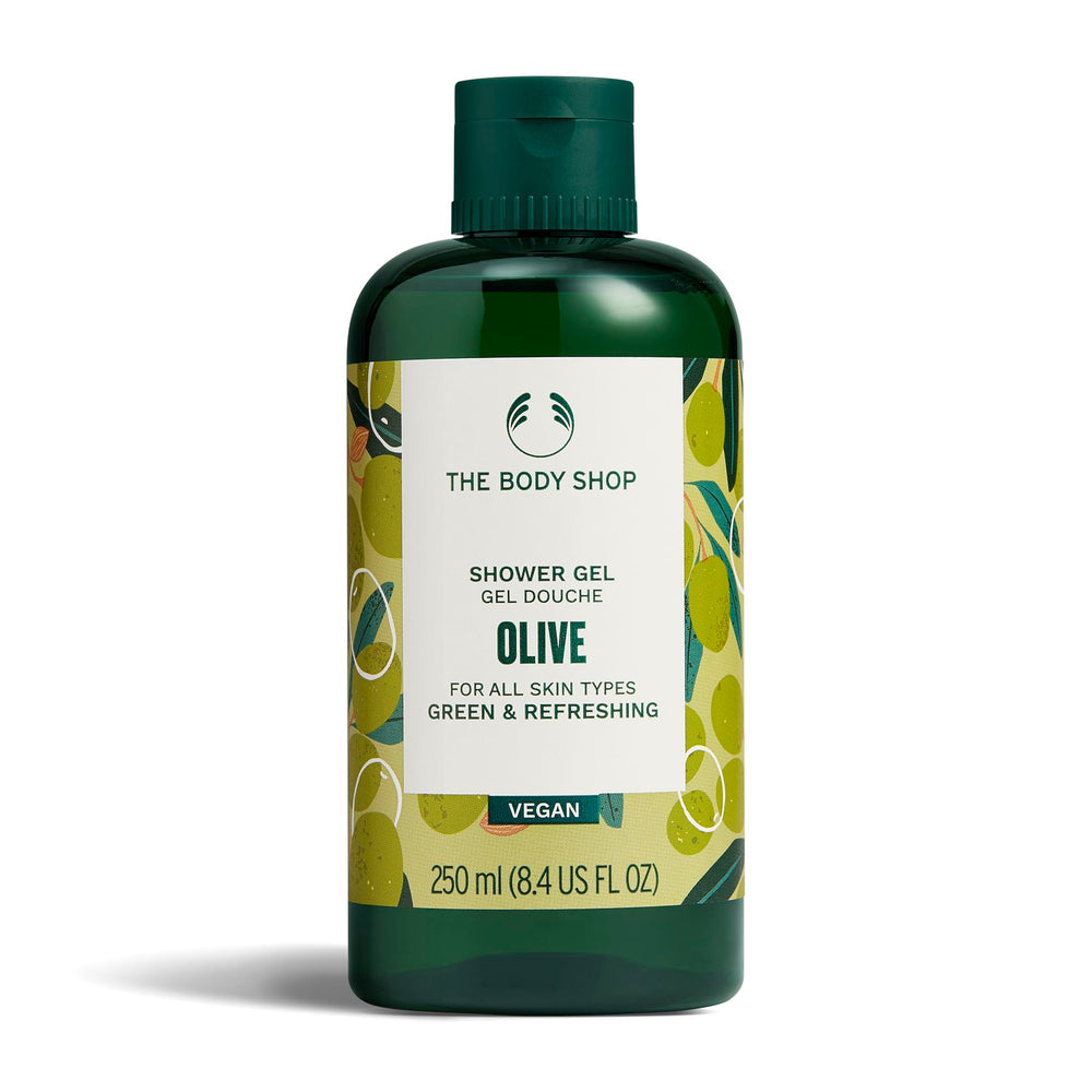 The Body Shop Olive Shower Gel – bouteille, mousse riche qui nettoie sans dessécher la peau.