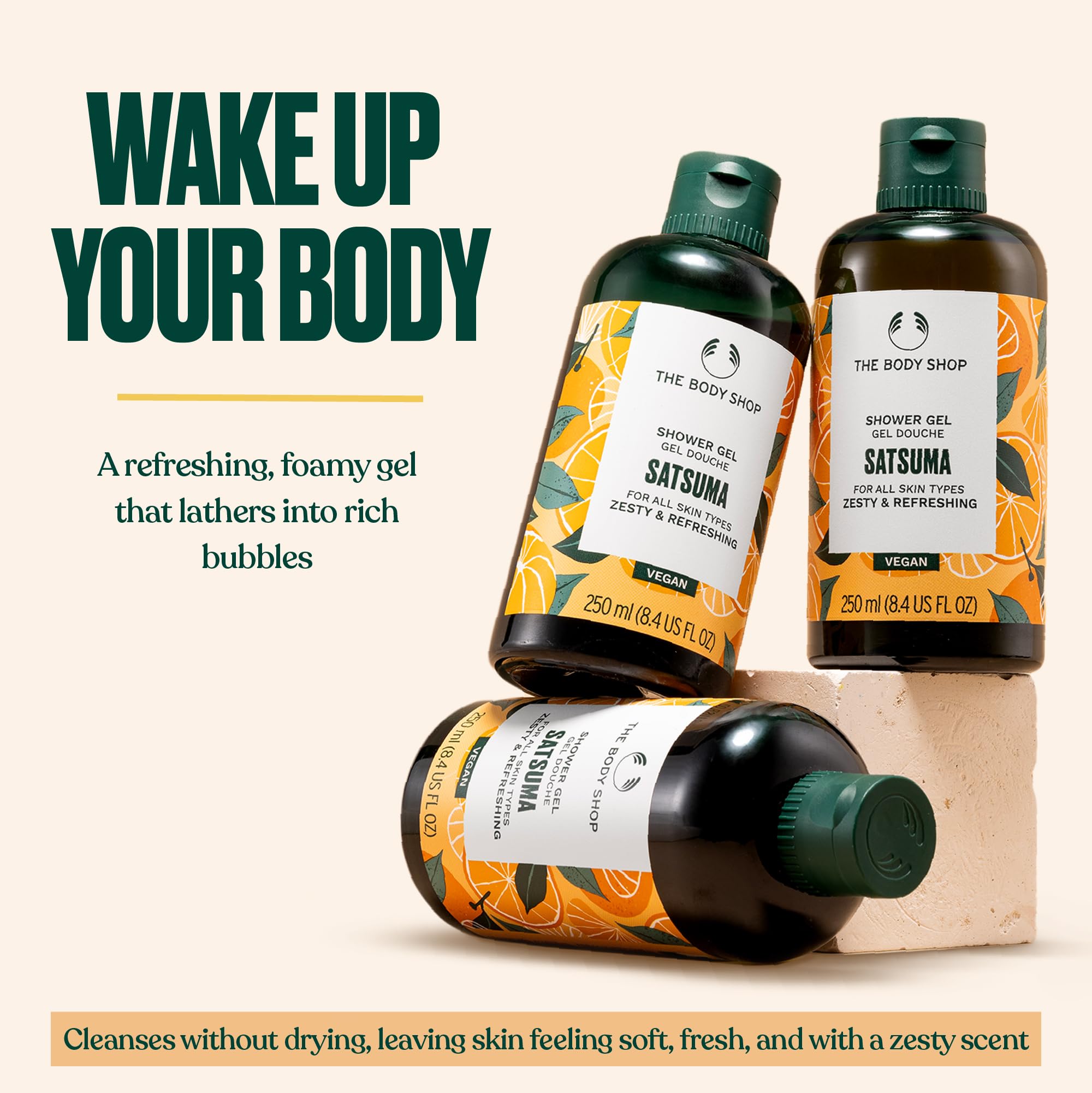 The Body Shop Satsuma Gel Douche, parfum citronné qui réveille le rituel douche.