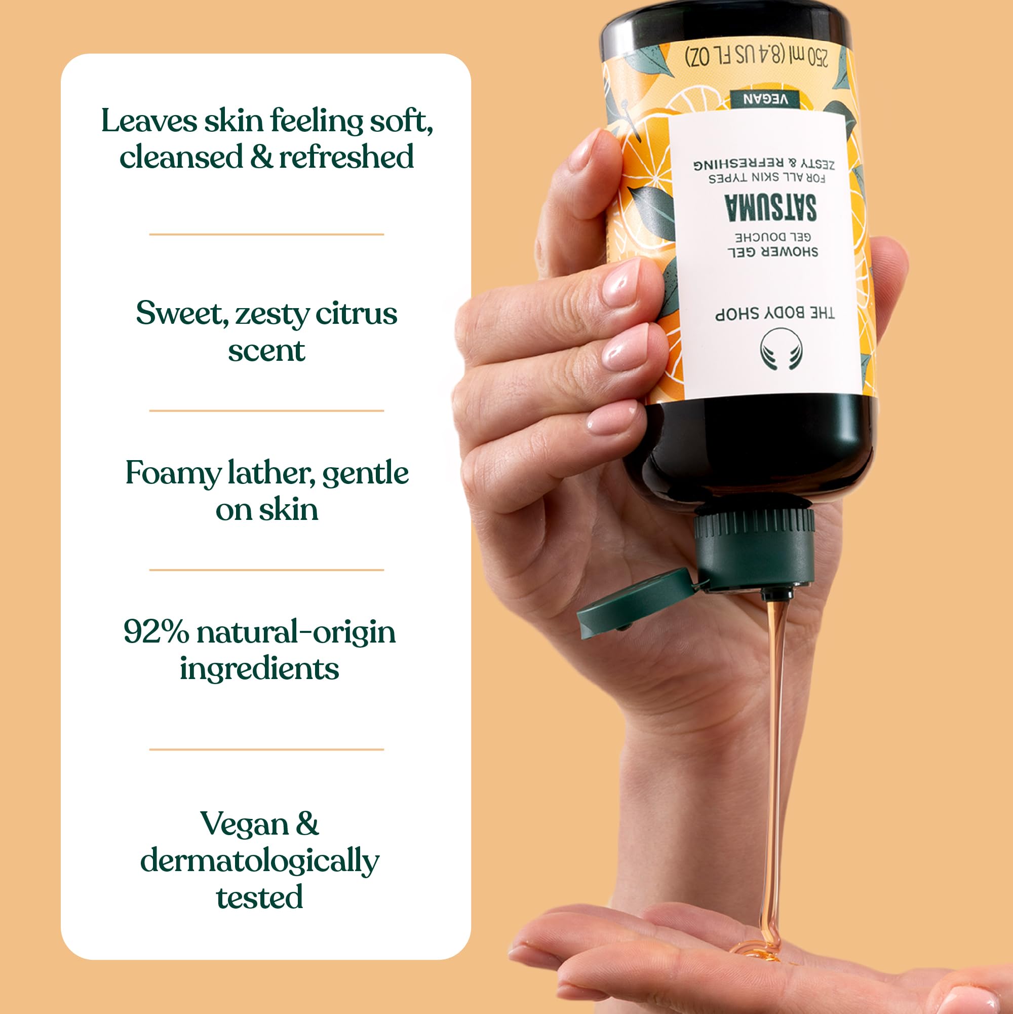 The Body Shop Satsuma Gel Douche, nettoyage efficace et sensation de propreté rafraîchissante.