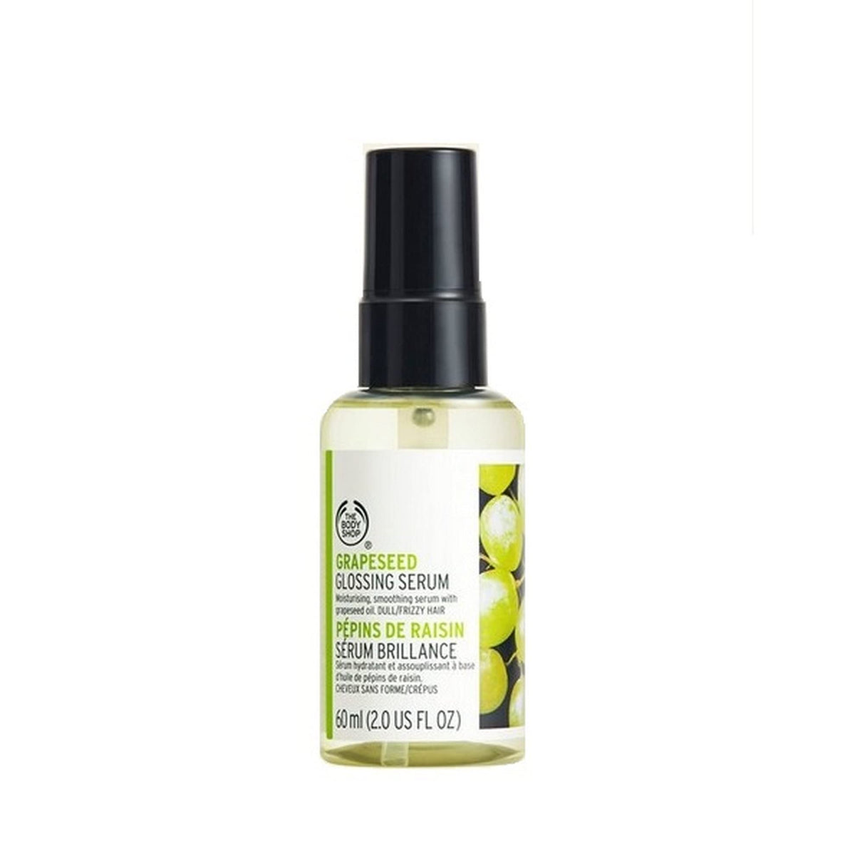 The Body Shop Sérum glossant raisin, bouteille, apporte brillance et douceur.