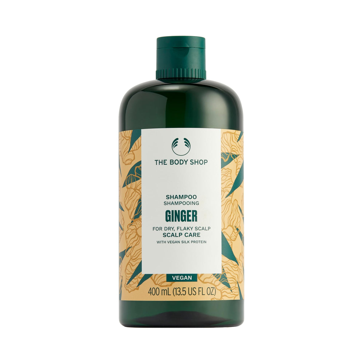 The Body Shop Shampoing Gingembre, bouteille, apaise le cuir chevelu et donne fraîcheur.