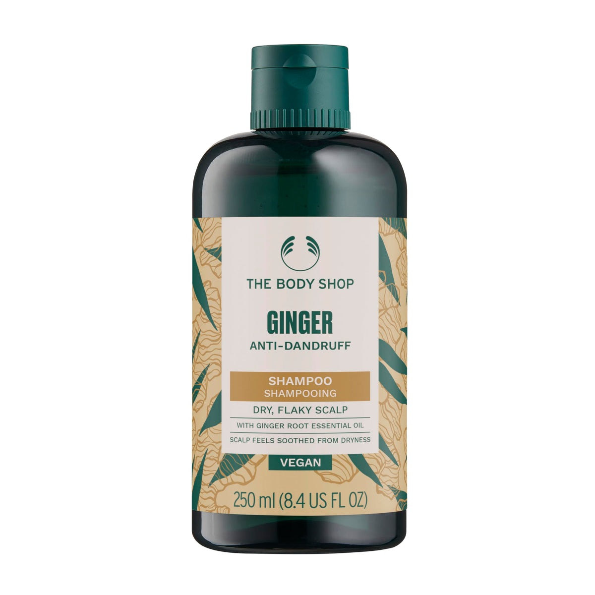The Body Shop shampooing gingembre dans sa bouteille, rafraîchissant et nettoyant en douceur.