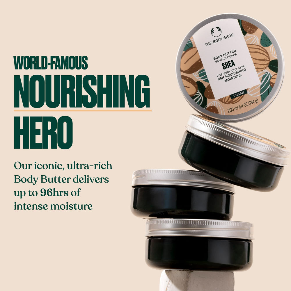 The Body Shop Shea Body Butter dans pot plastique 100% recycle, pratique et durable.