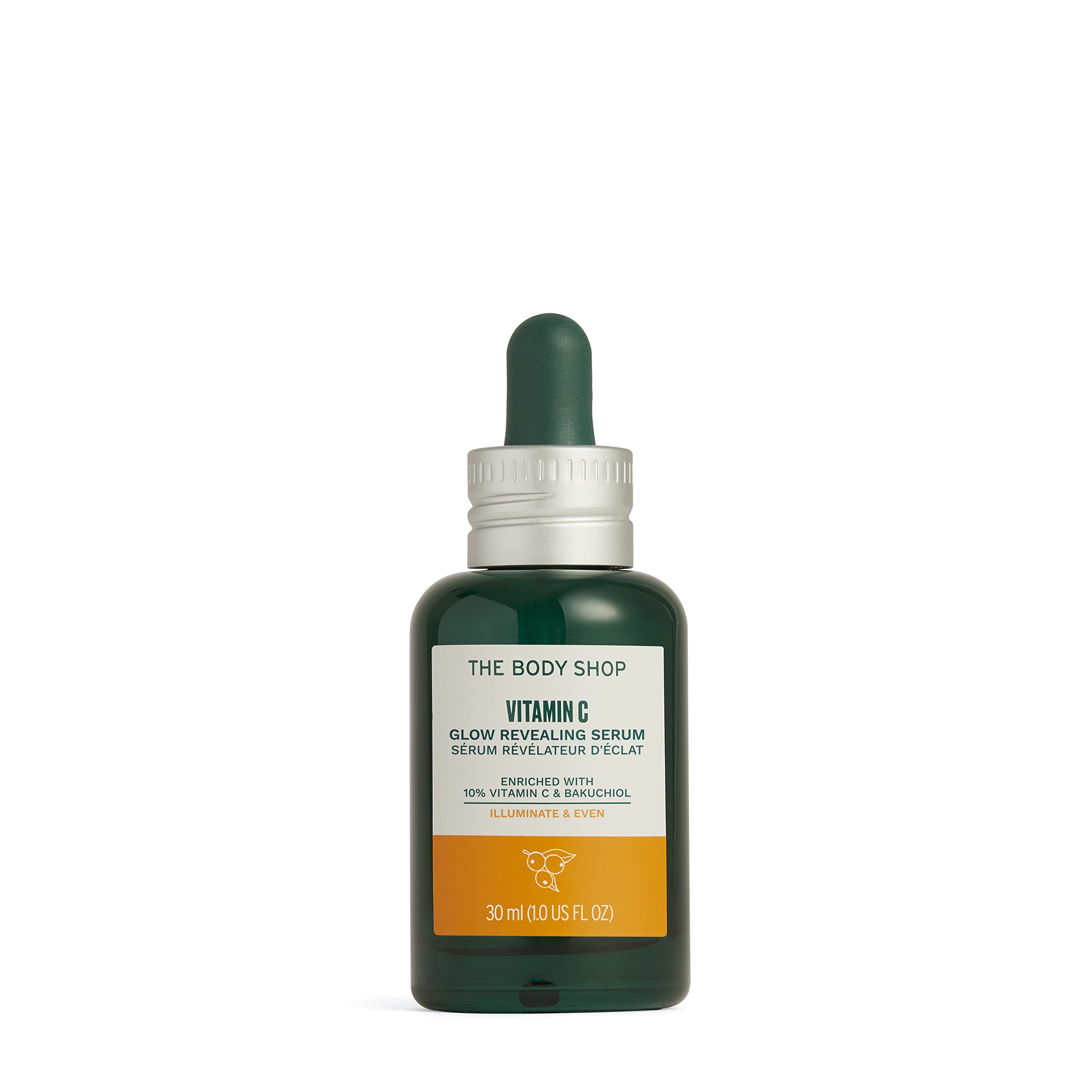 The Body Shop sérum révélateur d’éclat à la vitamine C sur bouteille, éclat durable.