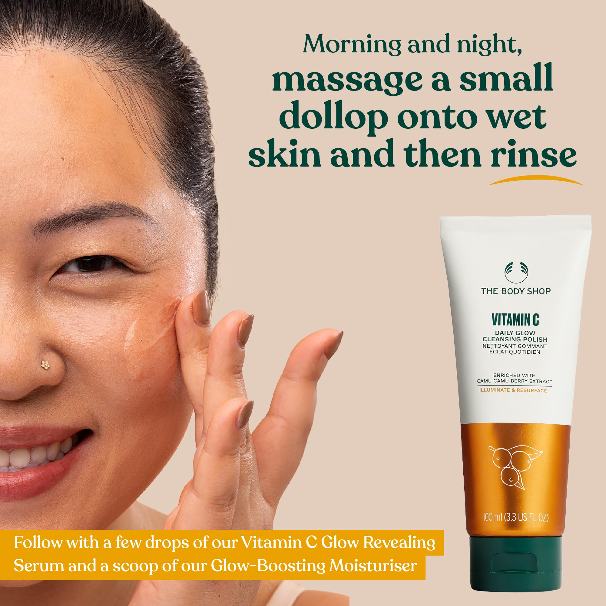 Routine The Body Shop Vitamin C : nettoyant, sérum et hydratant pour l éclat.