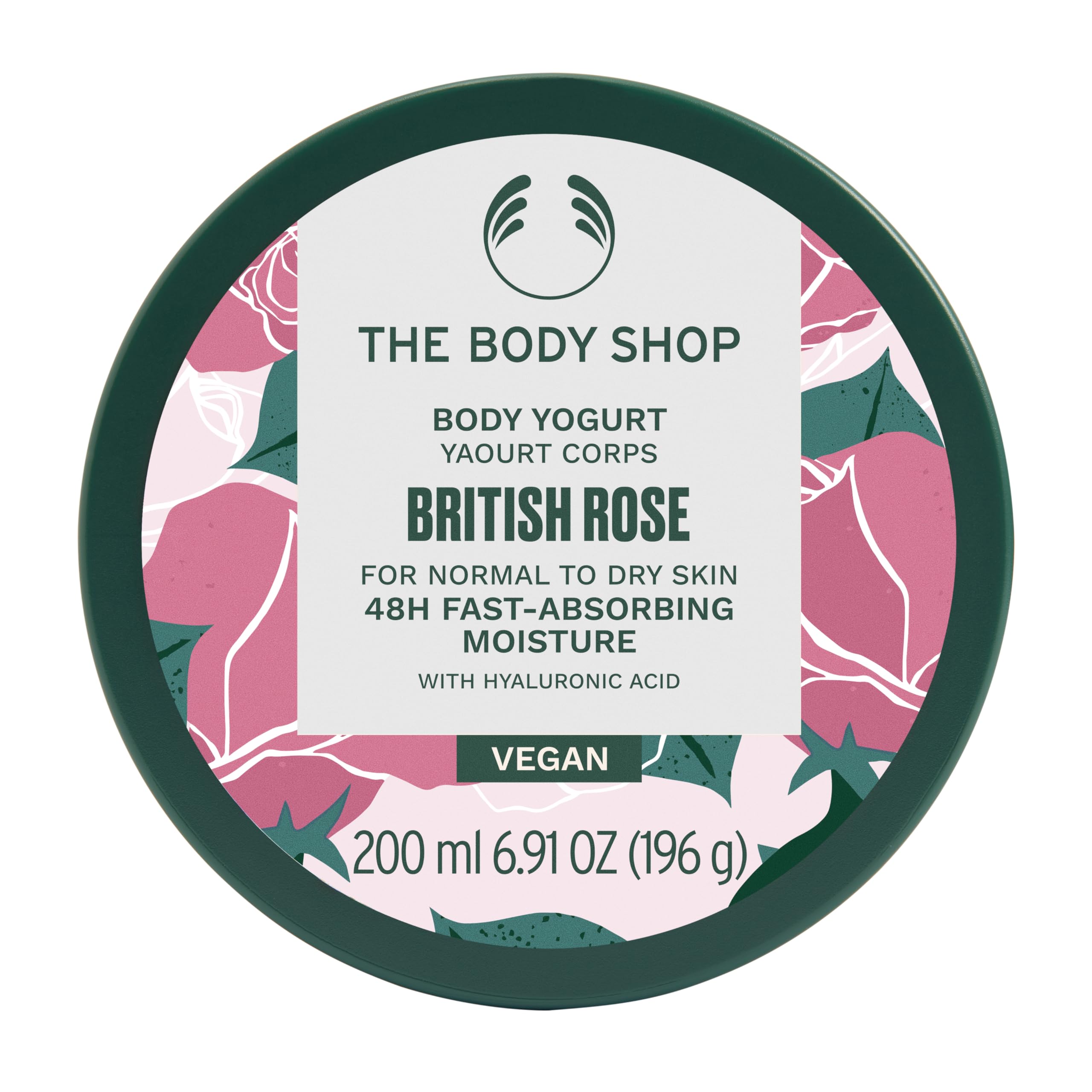 Le yaourt pour le corps The Body Shop Rose britannique en flacon, hydratation légère et parfum floral.