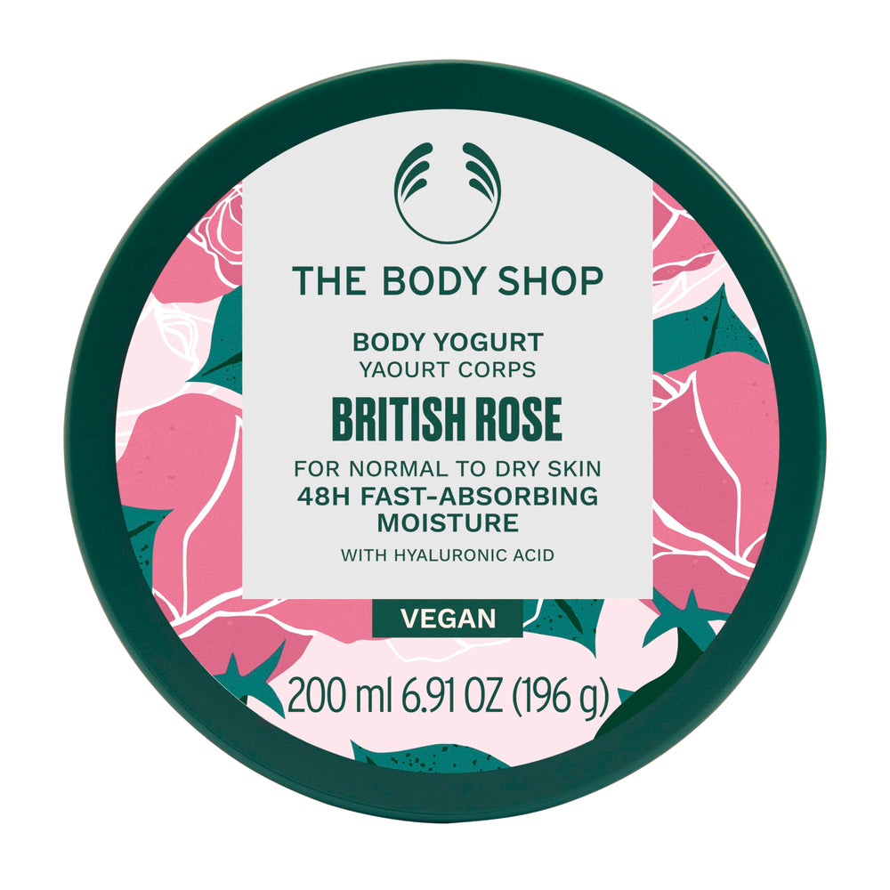 Le yaourt pour le corps The Body Shop Rose britannique en flacon, hydratation légère et parfum floral.