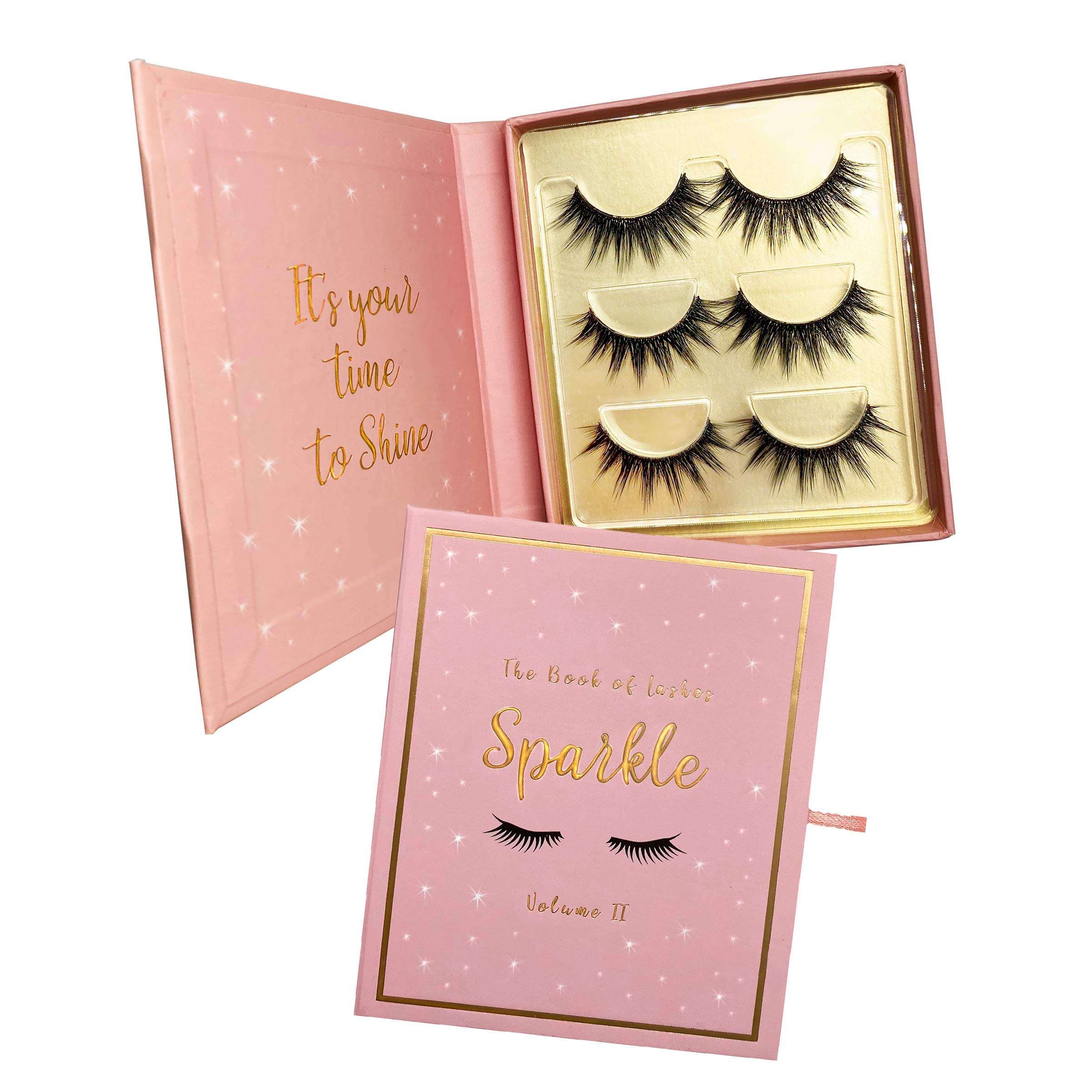 The Book of Lashes Sparkle 3-pair set for bold eye looks.