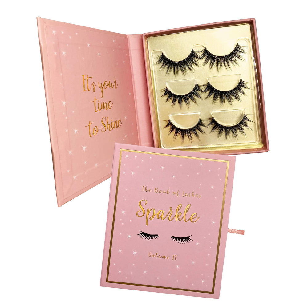 The Book of Lashes Sparkle 3-pair set for bold eye looks.