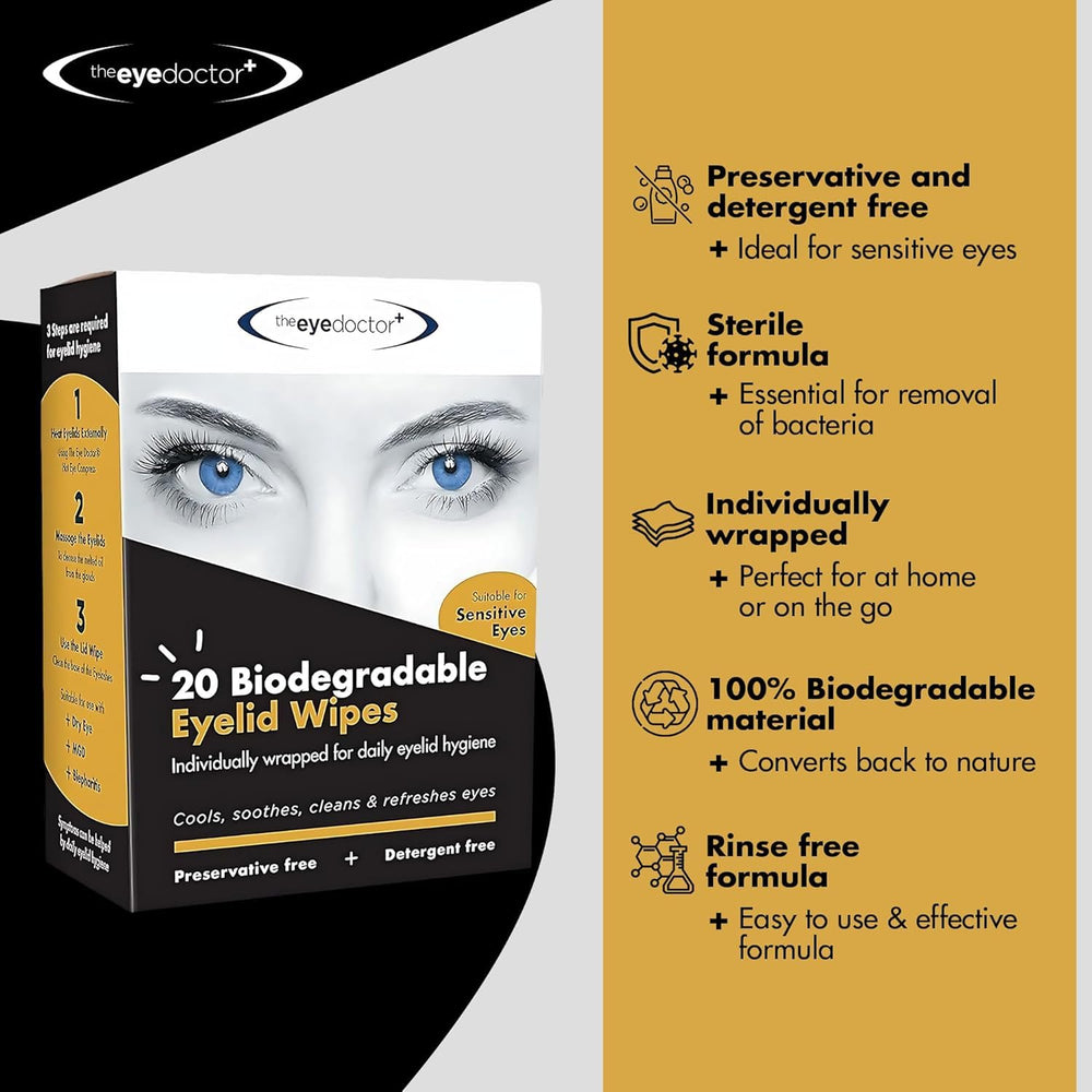 The Eye Doctor lingettes paupières sans conservateurs, soin doux et sans rinçage.