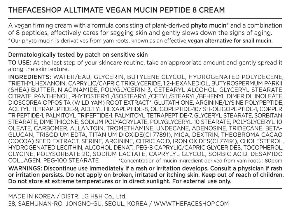 The Face Shop 8 Peptide Moisturizer vegan-mucin substitution highlights plant-based hydration