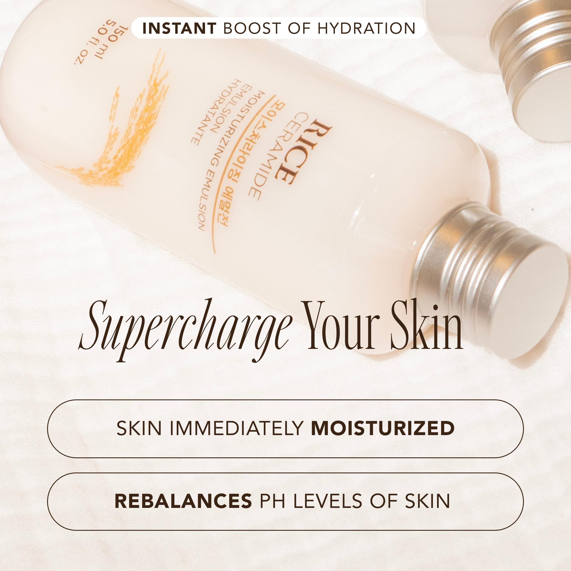 La Face Shop Rice Ceramide Emulsion: grains de riz évoquant les extraits hydratants.