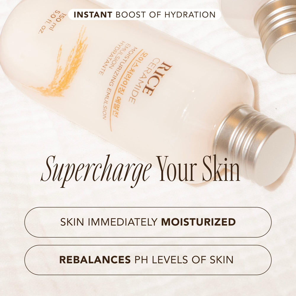 La Face Shop Rice Ceramide Emulsion: grains de riz évoquant les extraits hydratants.