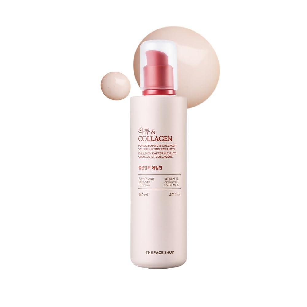 The Face Shop Grenade-Collagène Emulsion Volume Lift, bouteille: raffermissement et hydratation durable du visage.