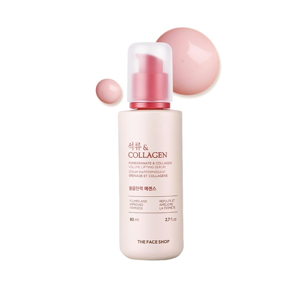 The Face Shop Pomegranate-Collagen Serum bouteille, hydratation durable et effet liftant possible.